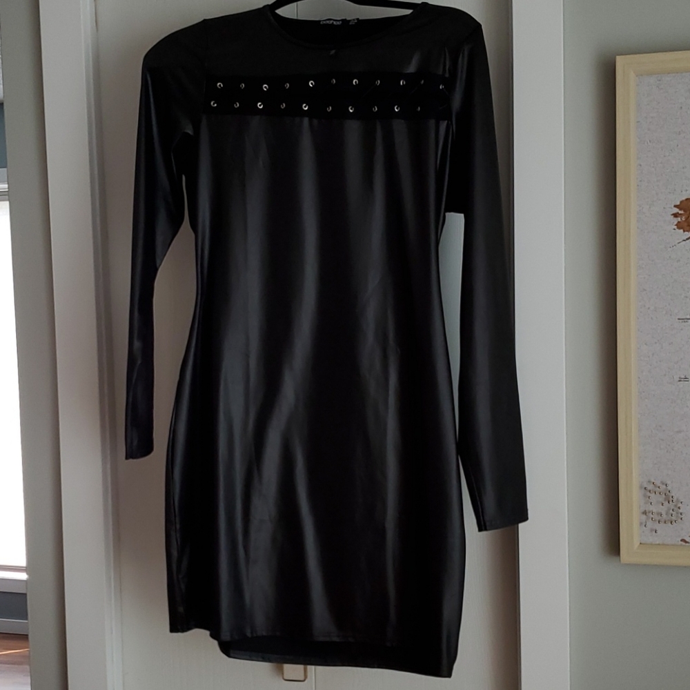 Boohoo stretchy faux leather cocktail dress.